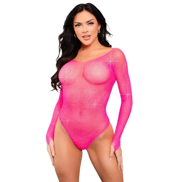 Rhinestone Snap Crotch Bodysuit – One Size – Neon Pink
