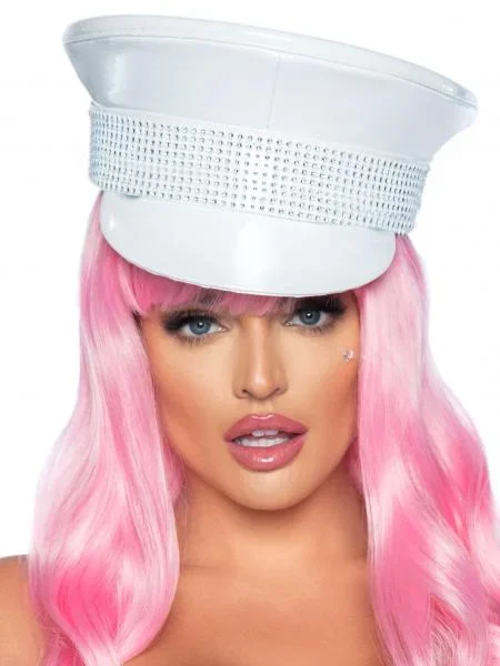 Rhinestone Trimmed Military Hat – White