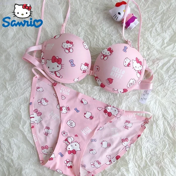 Sanrio Hello Kitty Cute Neck Sling Bras & Panties 2 Pcs Sets for Women Sweet Soft Underwear Briefs Sexy Women’s Lingerie Suits