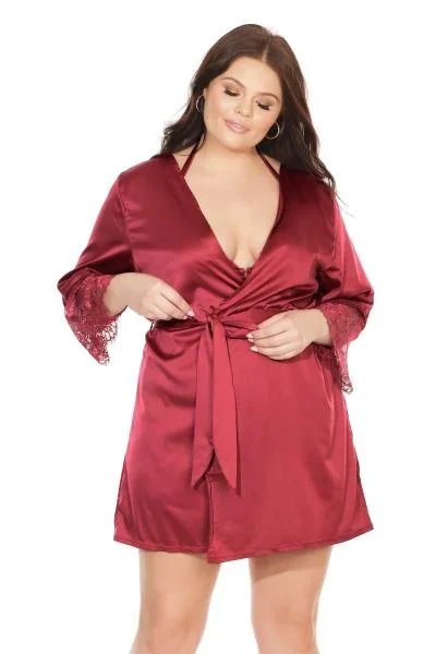 Satin Robe with Lace Finish – Merlot – One Size/X-Large