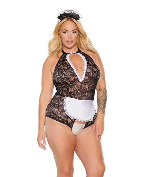 Scallop Stretch Lace Crotchless Maid Teddy W-headpiece Black-white One Size Fits Most-xl