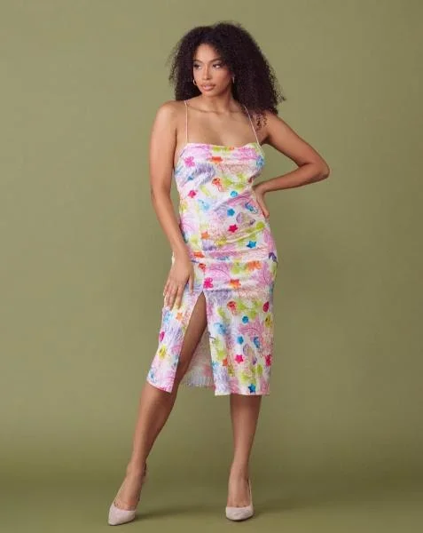 Sea Life Satin Midi Cowl Slit Slip –