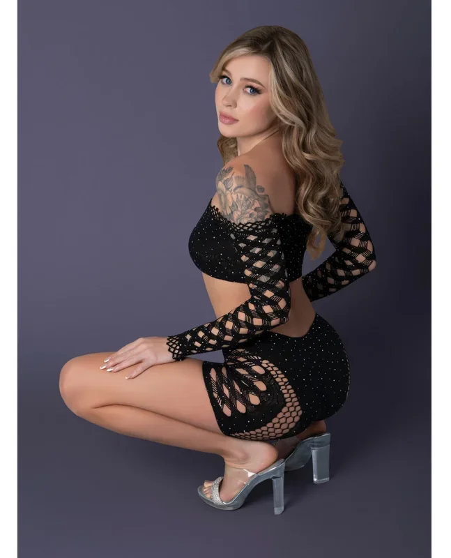 Seamless Crop Top and Short Set with Crystal Details Black