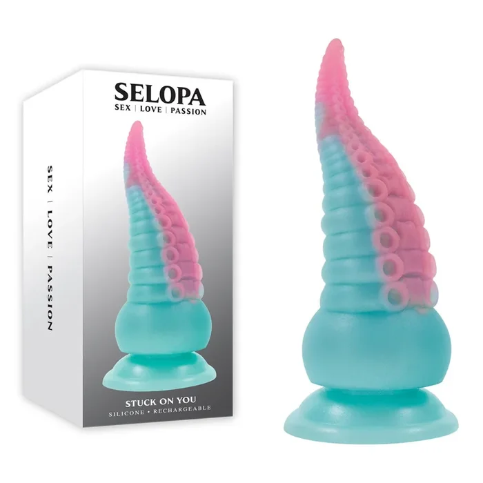 Selopa STUCK ON YOU – Blue/Pink 19 cm USB Rechargeable Vibrating Tentacle Fantasy Dildo