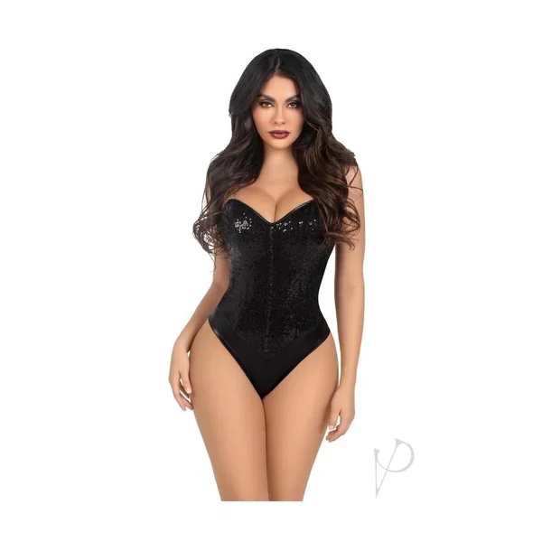 Sequin Bone Snap Bodysuit Strap Lg Blk
