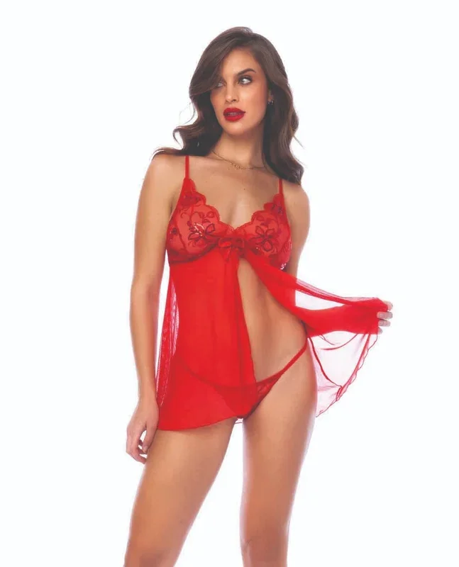 Sequin Embellished Babydoll w/G-String – Red L/XL