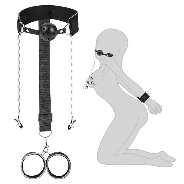 Sex Bondage Bdsm Bondage Set Sex Toy With Breathable Ball Gag Nipple Clamps Chain Back Sex Handcuffs Collar Adjustable Bondage Equipment Included Adult Sm Games Couples Sex Toys