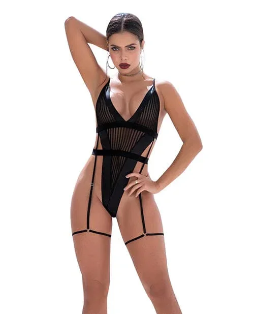 Shadow Panel Bodysuit With hook & Eye Crotch Closure & Attached Garters Black