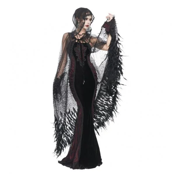Sheer Beaded Long Cloak with Feather Trim – Black