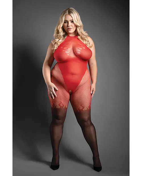 Sheer Eternal Flame Halter Open Crotch Bodystocking – Red/Black QN