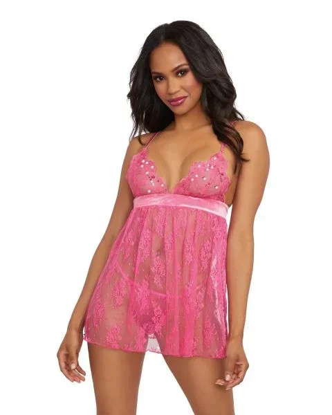 Sheer Lace Babydoll & G-String Set with Velvet Accents – Fuchsia –