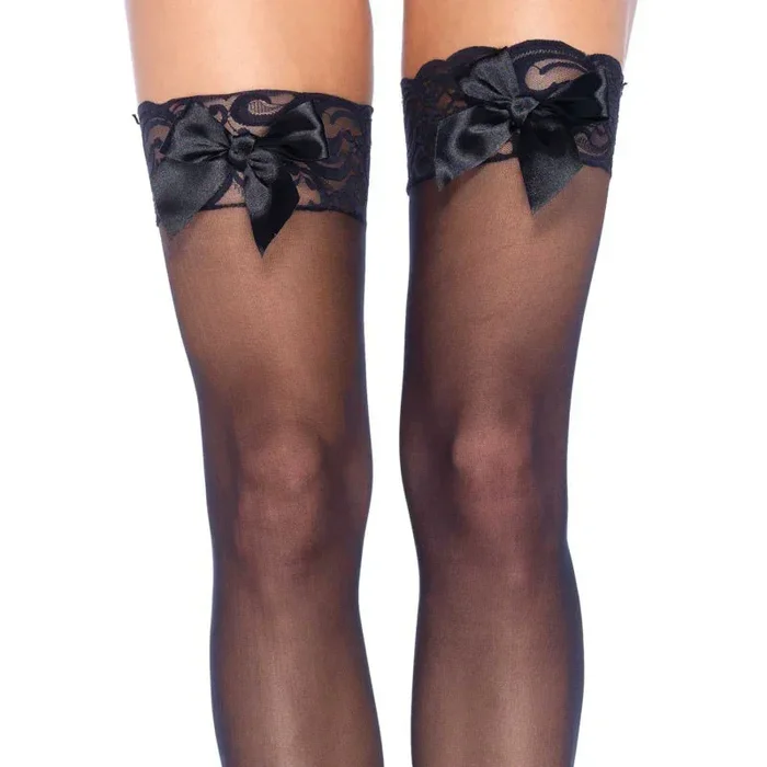 Sheer Lace Top Thigh Highs With Satin Bow Accent – One Size – Black