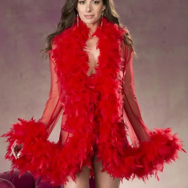 Short Sheer Chandelle Feather Trimmed Robe – Red – One Size