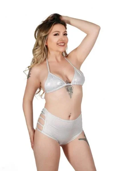 Side Cut Out Hi Waisted Bikini Bottom and Top – Silver – One Size