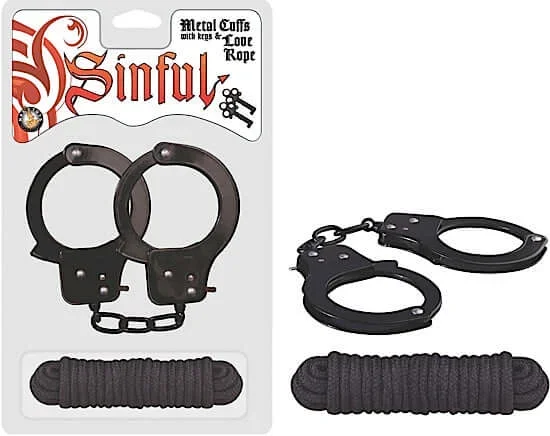SINFUL METAL CUFFS W/LOVE ROPE BLACK