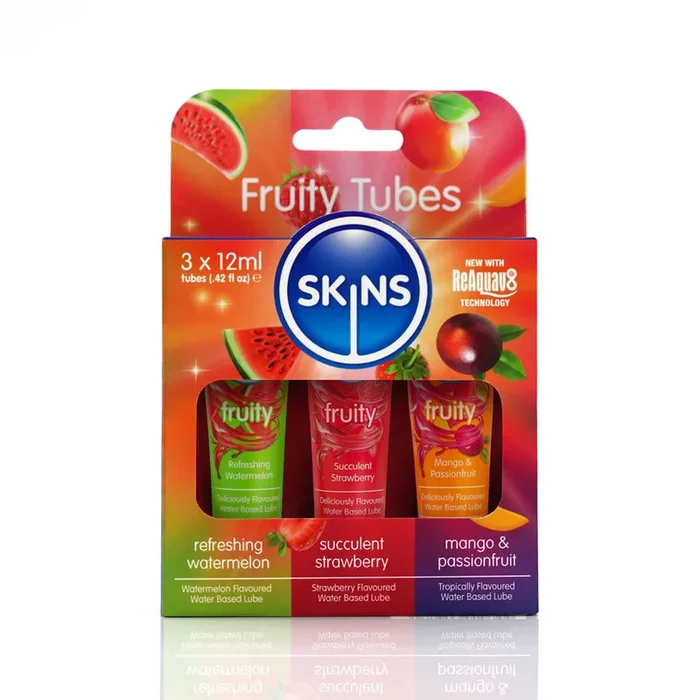 Skins Fruity Tubes – Watermelon, Strawberry, & Mango & Passionfruit Flavoured Lubricants – 12 ml Bottles