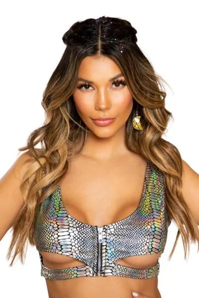 Snake Skin Crop Top with Underboob Cutout – Silver –