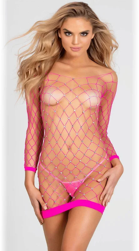 Sparkly Stretch Fishnet Long Sleeve Chemise – Hot Pink