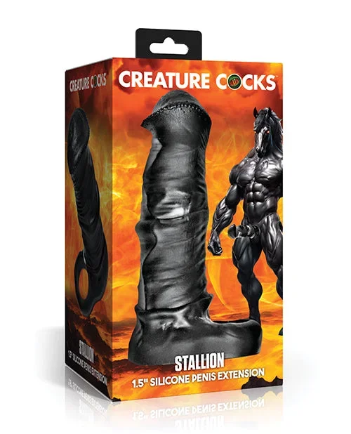 Stallion 1.5″ Silicone Penis Extension with Equine Head – Black/Silver