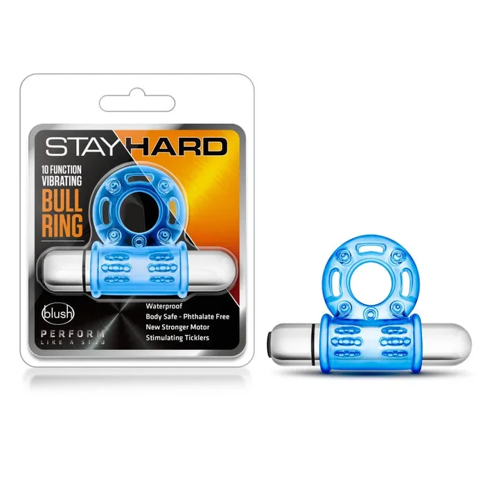Stay Hard 10-Function Vibrating Bull Ring – Blue Vibrating Cock Ring