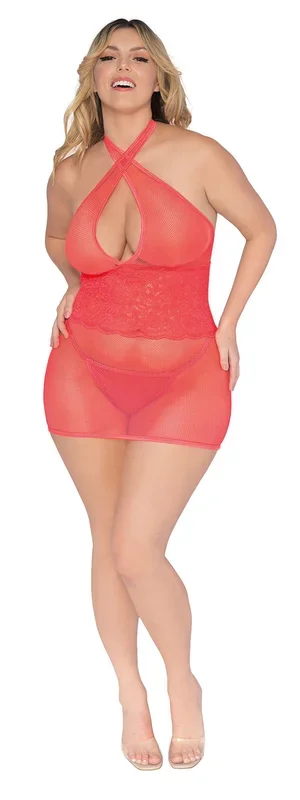 Stretch Fishnet and Scalloped Stretch Lace Chemise – Queen – Coral