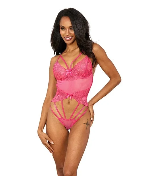 Stretch Lace with underwire Cups & Strap Thong Detail Teddy Hot Pink