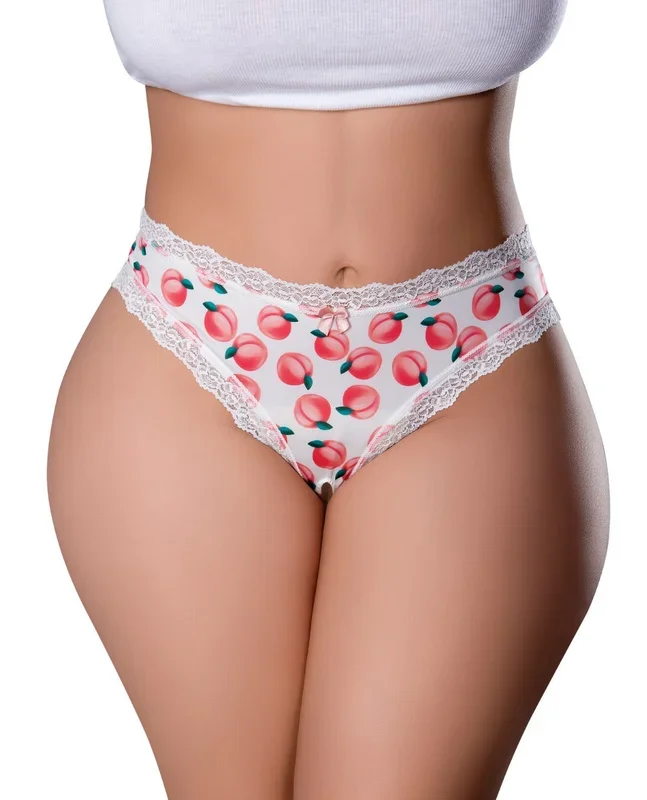 Sweet Treats Crotchless Thong w/Wicked Sensual Care Peach Lube – White QN
