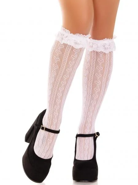Sweetheart Ruffle Cuff Knee High Socks – White – One Size