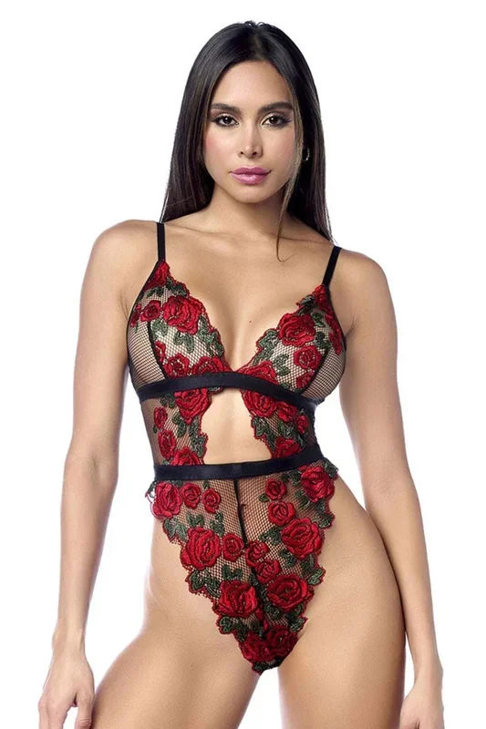 Teddy (Black/Red) – High-Cut Sheer Mesh Lingerie