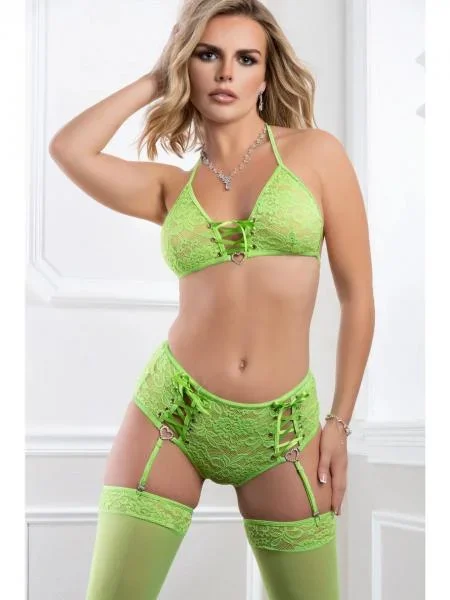 Three Piece Lace Up Bra, High Waist Panty & Stockings – Neon Kiwi – One Size