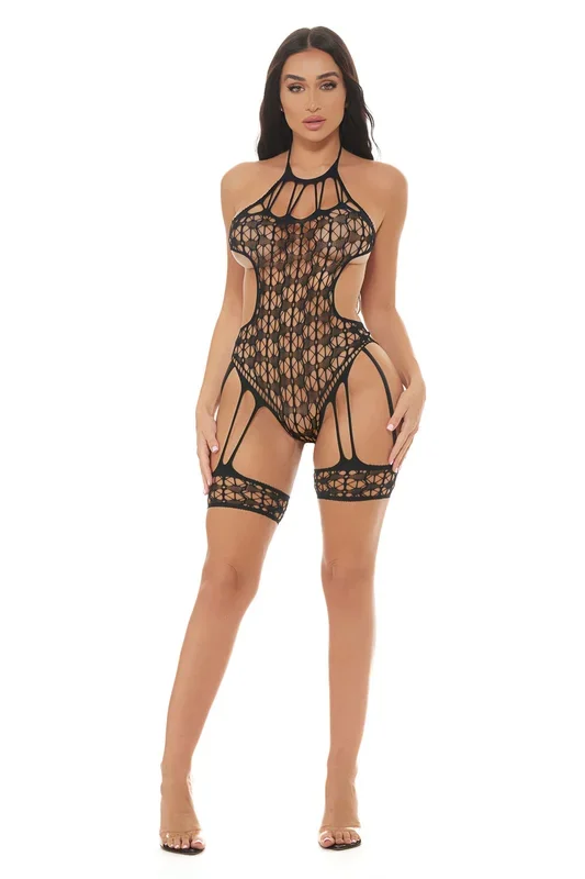 Trust Issues Black Halter Teddy With Leg Garters Erotic Wear