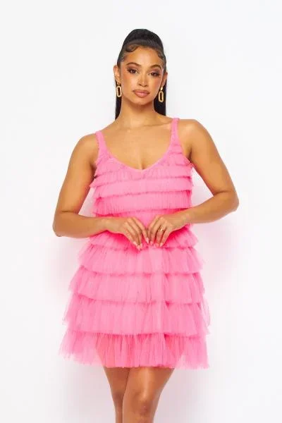 Tulle Tiered Tank Dress – Hot Pink –