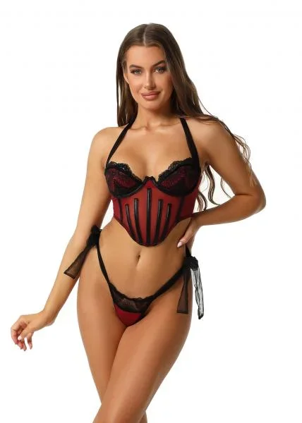 Two Piece Bustier and G-String Set – Wine/Black –