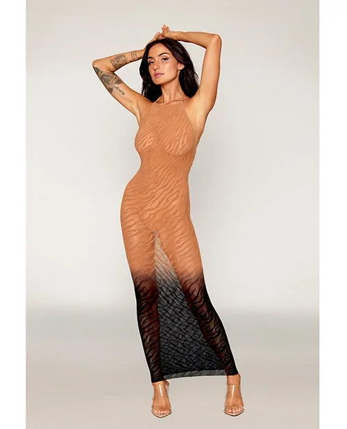 Two-Tone Ombre Seamless Zebra Knit Bodystocking Gown – Copper/Black O/S