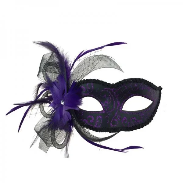 Venetian Mask with Feathers – Purple/Black
