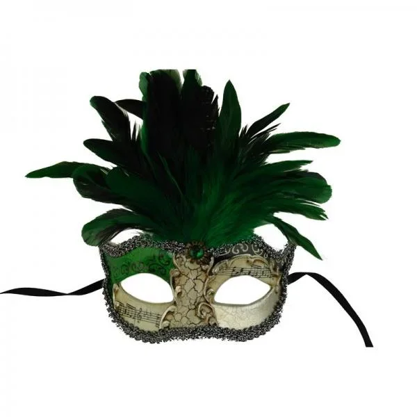 Venetian Mask with Feathers Atop – Green/White