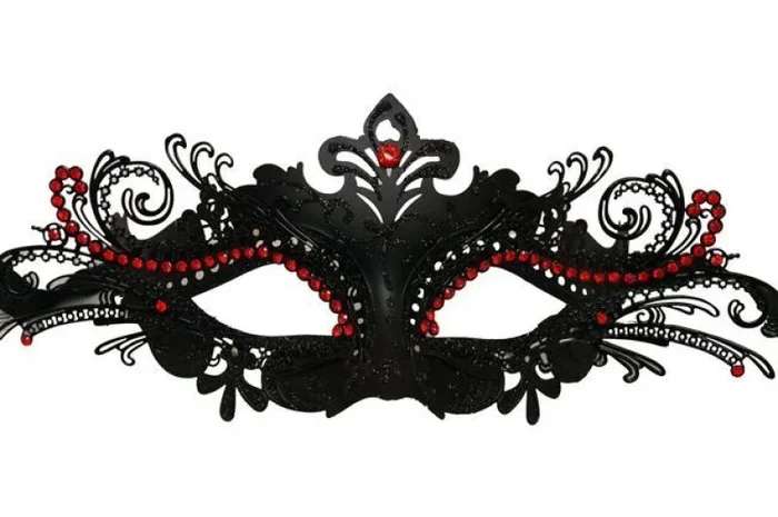 Venetian Metal Mask – Black with Red Crystals