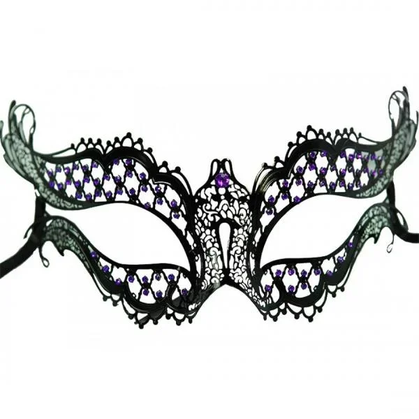 Venetian Metal Mask with Purple Stones – Black