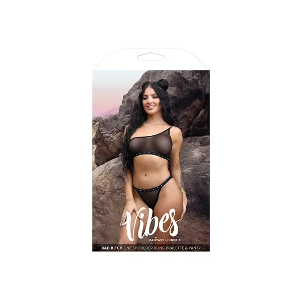 Vibes Bad Bitch One Shoulder Bling Bralette & Panty Black L/XL