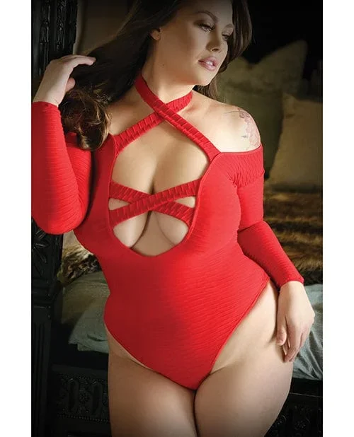 Vixen Havana Nights Long Sleeve Bodysuit with Snap Closure Red Queen Size