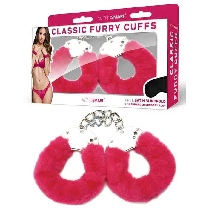 WhipSmart Classic Furry Cuffs – Hot Pink – Hot Pink Furry Restraints with Bonus Eye Mask