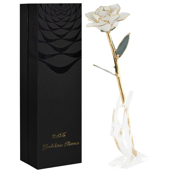 White Gold Rose Gifts For Women,24K Gold Dipped Real Rose Lasted Forever With