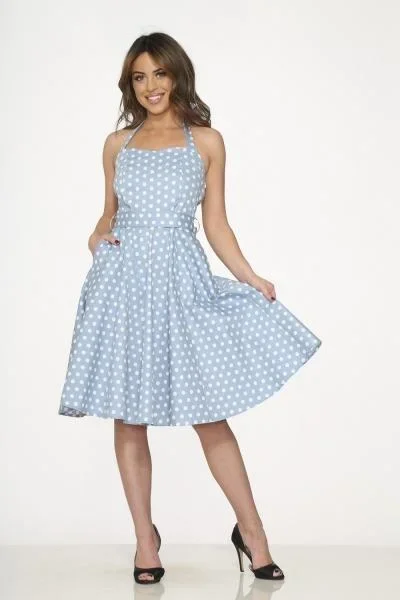 White Polka Dot Halter Dress – Light Blue –