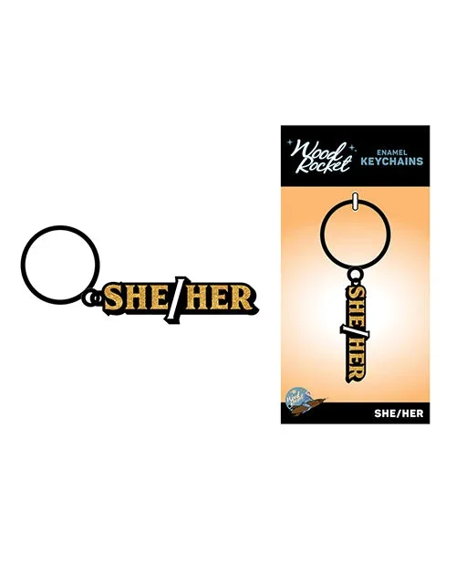 Wood Rocket She/Her Keychain – Black/Gold