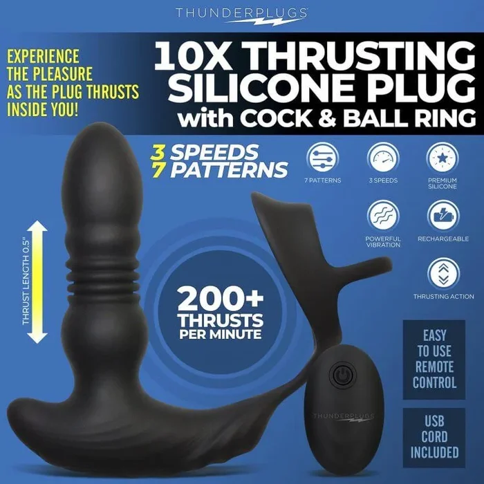 XR Brands Thunderplugs 10X: Premium Thrusting Silicone Butt Plug & Cock Ring Combo – USB Rechargeable, Wireless Remote, Water-Resistant for Men