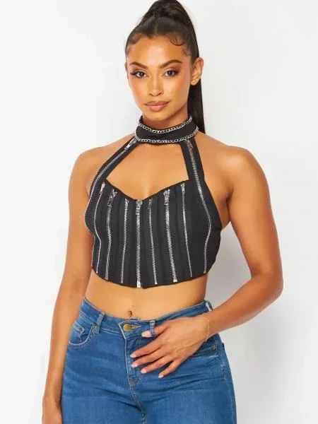 Zip Me Up Multi Zipper Halter Crop Top – Black –